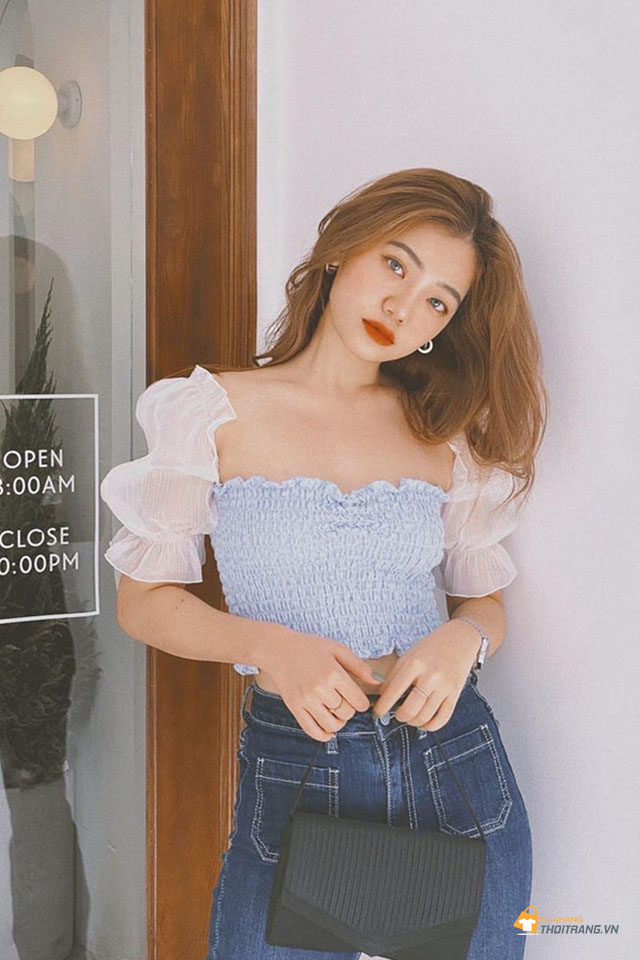 Áo croptop chun thân tay bồng xuyên thấu