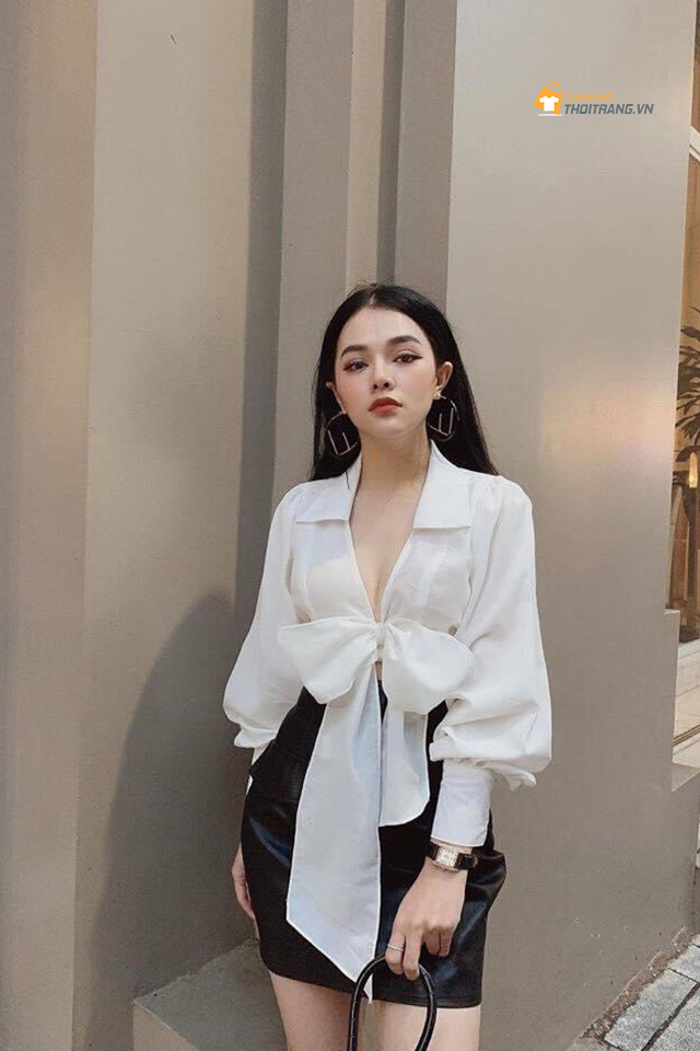 Áo sơ mi thắt nơ phối chân váy da sang chảnh