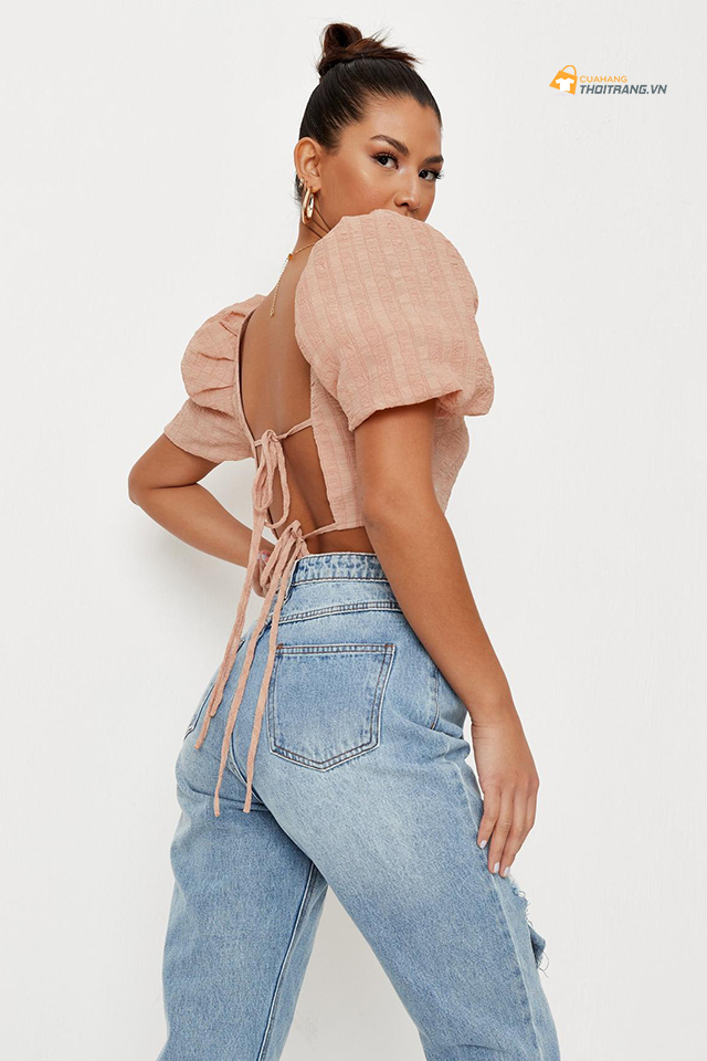 Áo hở lưng croptop tay bồng bay bổng