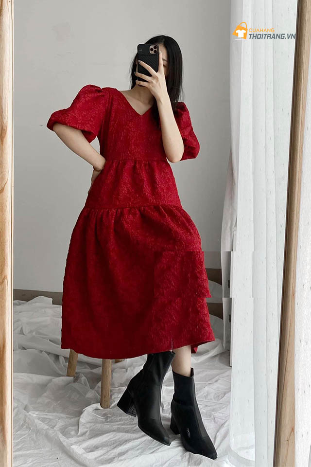 Đầm baby doll đỏ cho bà bầu