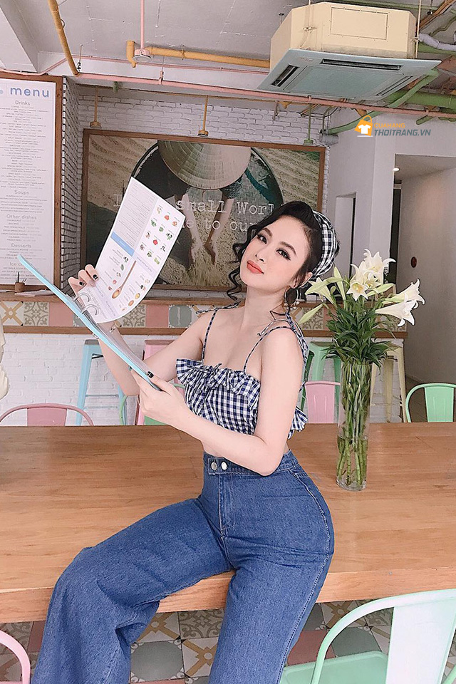 Áo hai dây dáng croptop sexy kết hợp quần ống rộng cạp cao