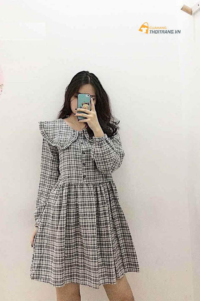 Đầm baby doll kẻ caro trẻ trung