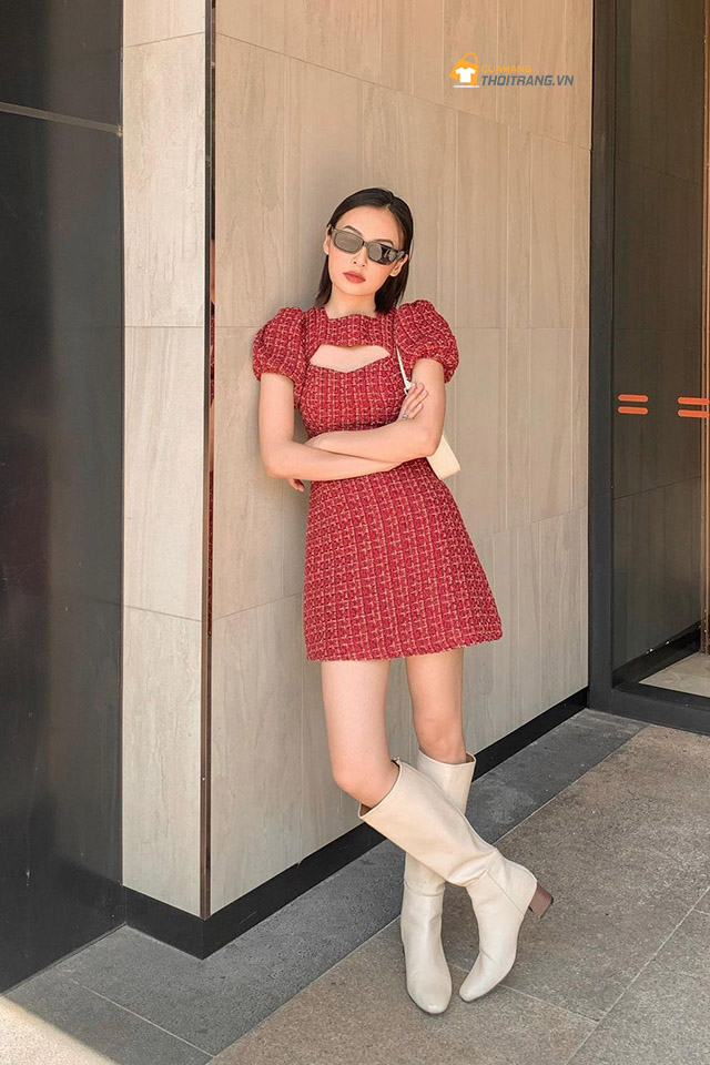 Đầm đỏ vải tweed sang trọng