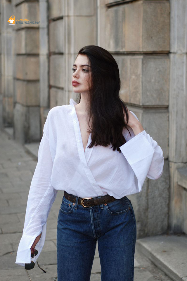 Áo sơ mi phom rộng vải linen thoáng mát phối quần jean trẻ trung