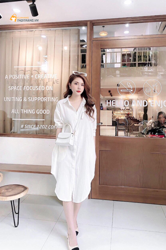 Váy sơ mi trắng phom rộng cá tính